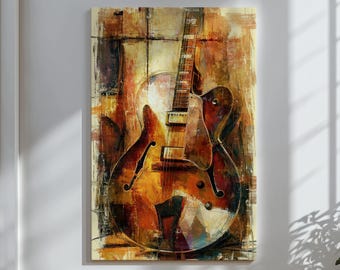 Cuadro decorativo de guitarra de jazz, lienzo con estampado de guitarra en tonos marrones cálidos, decoración para sala de música, pieza decorativa para bar en casa.