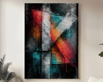 Dark Abstract Wall Art, Red Teal Geometric Canvas Print, Modern Industrial Street Art Decor, Bold Urban Loft Art