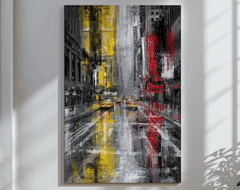 Arte mural de la ciudad de Nueva York, impresión en lienzo de una calle lluviosa, decoración urbana de oficina en blanco, negro, rojo y amarillo.