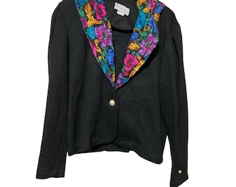 Matthew & David Vintage Schwarze Strickjacke mit Blumenmuster und Schalkragen, Größe 18