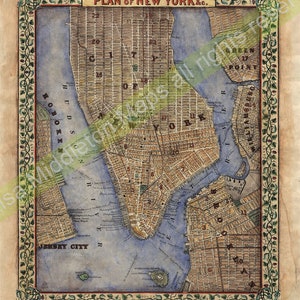 manhattan, Manhattan map, Vintage Map New York, Vintage Map NYC,  New York Vintage Map, New York Gifts, Brooklyn Map, New York City Map, NY