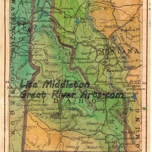 May include: An antique map of Idaho, Montana, and parts of surrounding states. The map is hand-colored with shades of green, brown, and yellow. The map features rivers, cities, and towns. The map is titled "Idaho" and includes a scale in English miles.