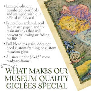 May include: A close-up of a text description highlighting the features of museum quality gicl&eacute;e prints. The text describes the prints as limited edition, numbered, certified, and stamped with a studio seal. The prints are printed on archival, acid-free matte paper with UV resistant inks to prevent yellowing or fading. The prints are also full bleed tea stain and come ready-to-frame in sizes up to 36x45 inches.