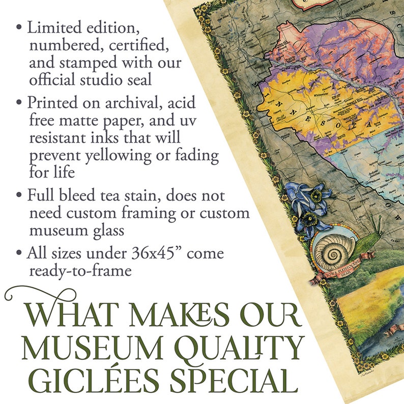 May include: A close-up of a text description highlighting the features of museum quality gicl&eacute;e prints. The text describes the prints as limited edition, numbered, certified, and stamped with a studio seal. The prints are printed on archival, acid-free matte paper with UV resistant inks to prevent yellowing or fading. The prints are also full bleed tea stain and come ready-to-frame in sizes up to 36x45 inches.