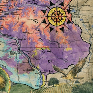 May include: A vintage watercolor map of the Pecatonica River in Illinois, with a compass rose in the center and a hawk flying over a field of crops. The map shows the river winding through a purple and green landscape, with towns and cities marked along the way. The map is surrounded by a border of yellow and orange.