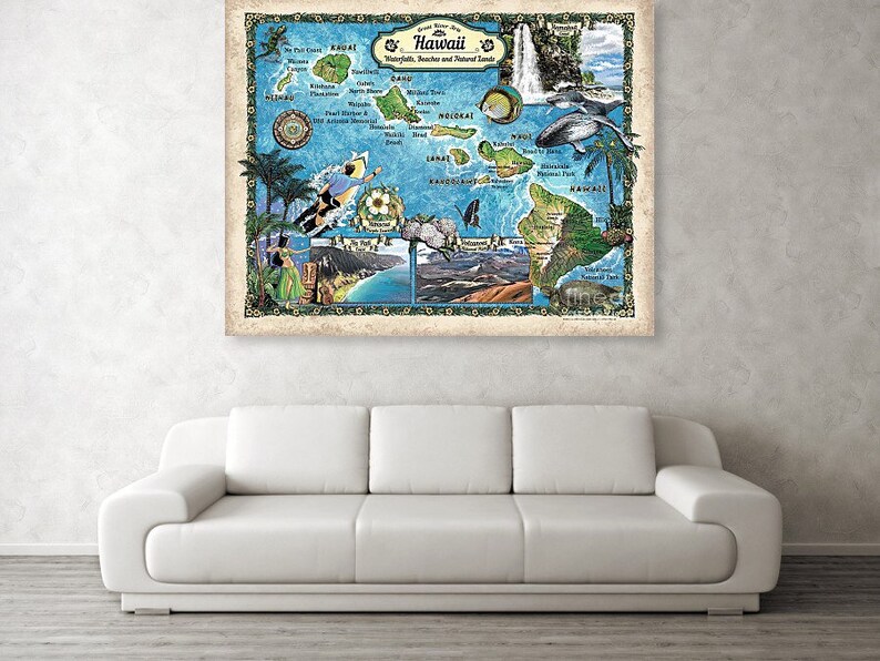 Hawaii Gift, Surfing Gift, Beach House Gift, Hawaii Map, Hawaii Art, Surfing Print, Surfing Decor, Surfing Art, Hawaii Print Wall Art image 2