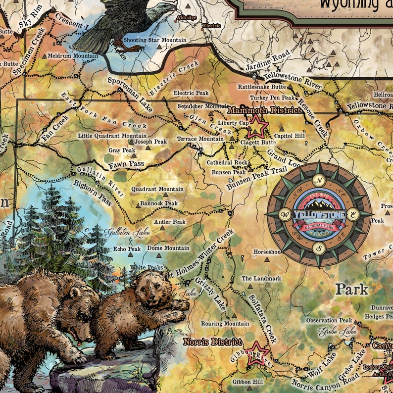 Może przedstawiać: Szczeg&oacute;łowa mapa Parku Narodowego Yellowstone, przedstawiająca r&oacute;żne dzielnice, szlaki i punkty orientacyjne. Mapa jest ilustrowana kompasem, niedźwiedziami i r&oacute;żnymi cechami przyrodniczymi.