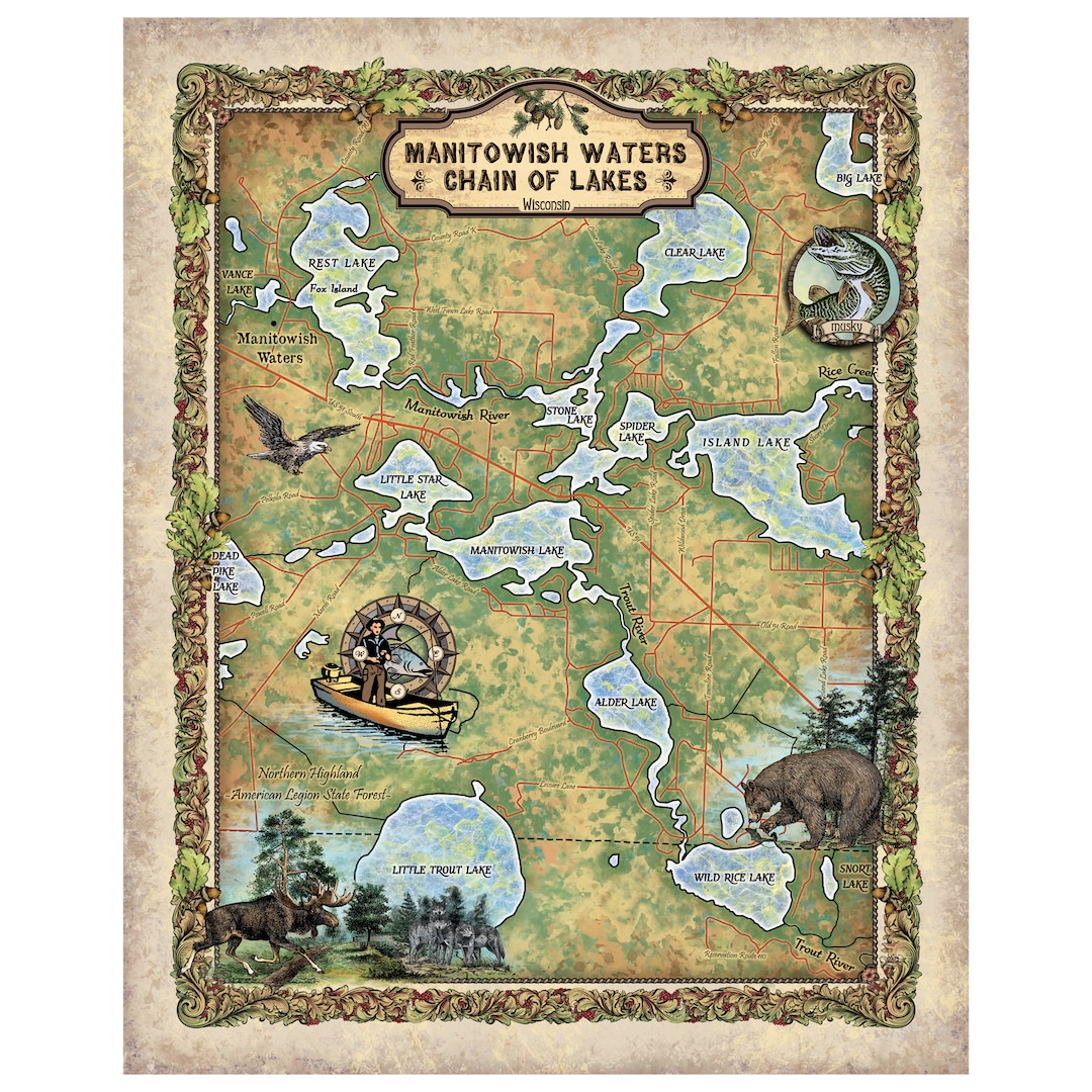 Manitowish Waters Chain of Lakes Wisconsin Map Art Print Etsy