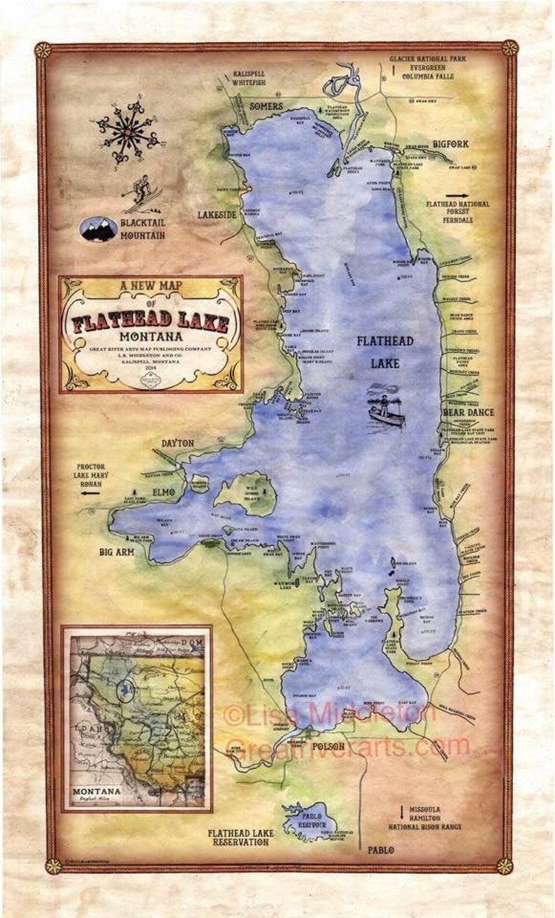 Flathead Lake,montana Vintage Map,vintage Map Art,montana Vintage Map
