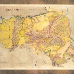May include: An antique map of the Cascade Range of Mountains in Washington Territory. The map is hand-drawn and features detailed topography, rivers, and other geographical features. The map is printed on aged paper with a yellowed hue.