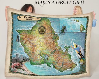 Oahu Hawaii Antique Map Art Blanket Throw Soft Polar/ Silky/ Sherpa Fleece Warm Blanket For Bed Sofa Chair Dorm Gift & Travel