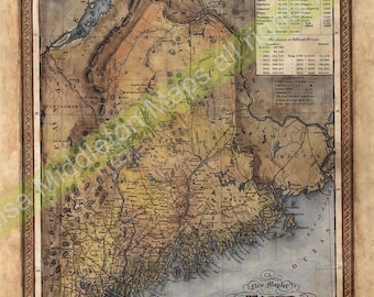 May include: An antique map of Maine, printed in brown ink on cream paper. The map shows the state's counties, rivers, and towns. The title "New Map of Maine" is printed in a decorative font at the bottom of the map.