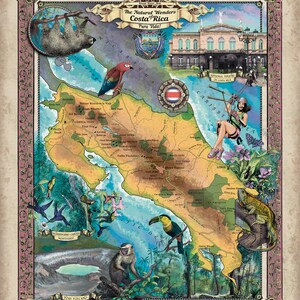 May include: A colorful illustrated map of Costa Rica, featuring the country's natural wonders, including rainforests, volcanoes, and beaches. The map also includes various animals, such as sloths, toucans, and monkeys. The text "The Natural Wonders Costa Rica Pura Vida!" is displayed at the top of the map.