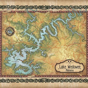 Lake Wedowee Alabama Vintage Style Map Art - Wood/Metal Sign Rustic Lake House Wall Art Decor - Great Lakes Map Gift - Lake House Wall Decor