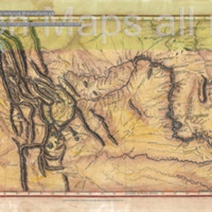 K&ouml;nnte beinhalten: Eine Vintage-Karte des Grand Canyon Nationalparks, die die komplizierten Details des Canyons und die umliegende Landschaft zeigt. Die Karte ist im handgezeichneten Stil mit braunen, gr&uuml;nen und blauen Farbt&ouml;nen gezeichnet.