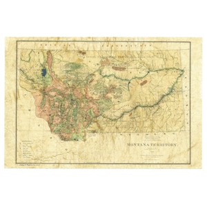 May include: An antique map of Montana Territory, dated 1873, with detailed borders and markings for rivers, mountains, and Native American reservations. The map is printed on aged paper with a yellowed hue.