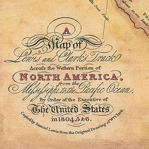 K&ouml;nnte beinhalten: Eine Vintage-Karte mit dem Titel "A Map of Lewis and Clark's Track Across the Western Portion of NORTH AMERICA, from the Mississippi to the Pacific Ocean." Die Karte wurde von Samuel Lewis nach der Originalzeichnung von W. Clark in den Jahren 1804, 5 & 6 kopiert.