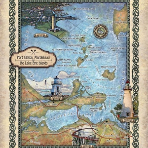 lake Erie map, Ohio gifts, Vintage poster, put-in bay, kelley island, lighthouse, great lakes, port clinton lake erie islands, lake art, map