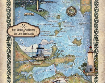 lake Erie map, Ohio gifts, Vintage poster, put-in bay, kelley island, lighthouse, great lakes, port clinton lake erie islands, lake art, map