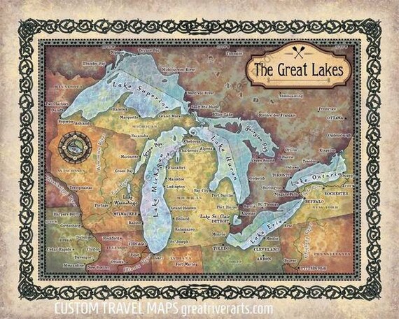 Great Lakes Map Luperior Michigan Erie Huron Canada Map Etsy
