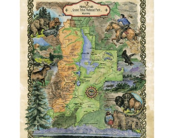 Teton, Grand Teton, Grand Teton map, wyoming, wyoming map, hiker gift, horse, national park, yellowstone, jackson hole, travel gift, map art