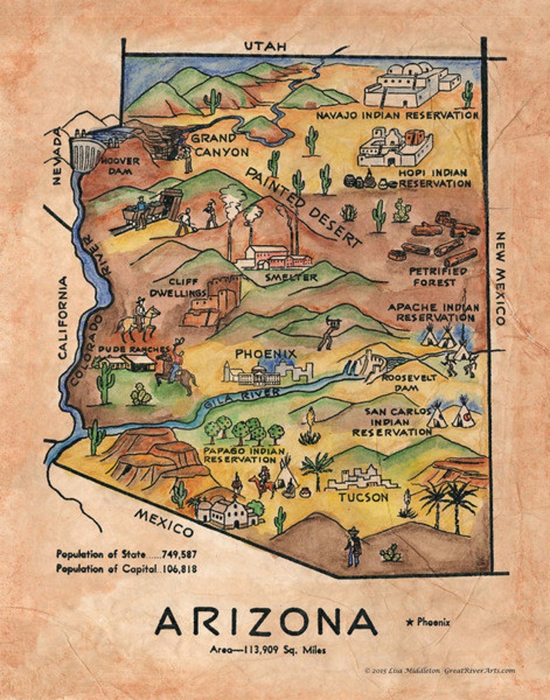 Kids Map, Kid's Map Arizona, Arizona Retro Map, Map Art, Arizona Map