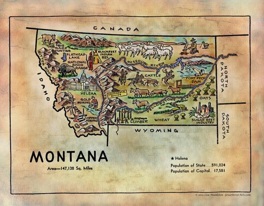 197 Kid's Map of Montana 1950s 11x14 Vintage Historic Antique Map