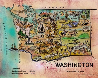 Kid's map Washington, vintage map, coloring book map, vintage coloring book, pin up coloring book map, children's maps, kid's maps, coloring