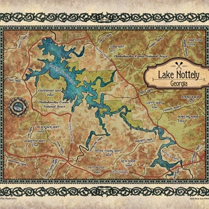 Lake Nottely Georgia Map Print Poster, Antique Style Map Town Map, Home Office Wall Décor, Housewarming Birthday Gift Vintage Map Art Prints