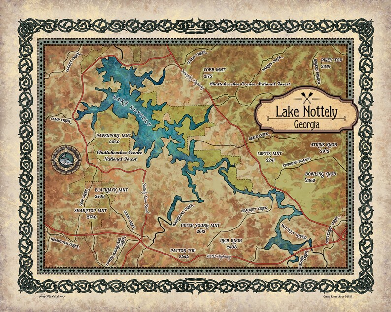 Lake Nottely Map Print Poster, Antique Style Map Town Map, Home