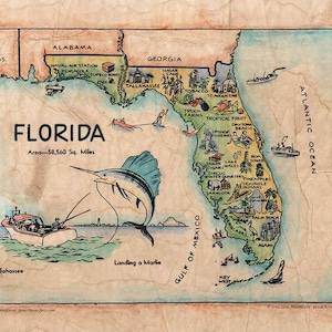 Florida map Florida Map Wall Decor Vintage Map Art Retro | Etsy