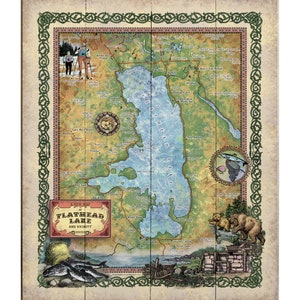 May include: A vintage-style map of Flathead Lake and vicinity in Montana, featuring a compass, illustrations of fish, bears, and a cabin, and the text "A New Map of Flathead Lake and Vicinity".