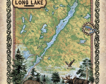 Long Lake New York Map Historic Art Print Poster Vintage Artwork Wall Decor For Home Office Livingroom Classroom Housewarming & Great Gift