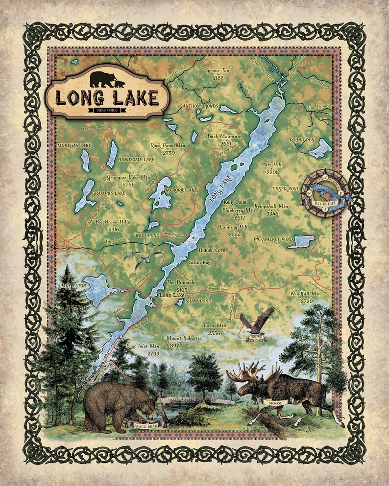 Long Lake New York Map Historic Art Print Poster Vintage Artwork Wall