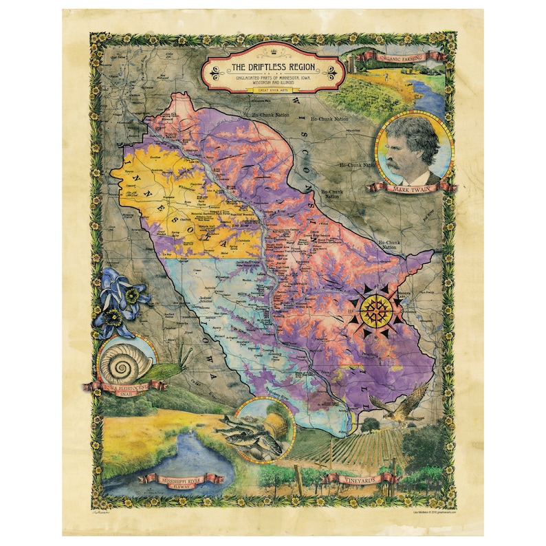 May include: A vintage-style map of the Driftless Region, a geological area in the Midwestern United States. The map is illustrated with various details, including a compass, a river, a vineyard, and a portrait of Mark Twain. The text "THE DRIFTLESS REGION" is featured in a banner at the top of the map.