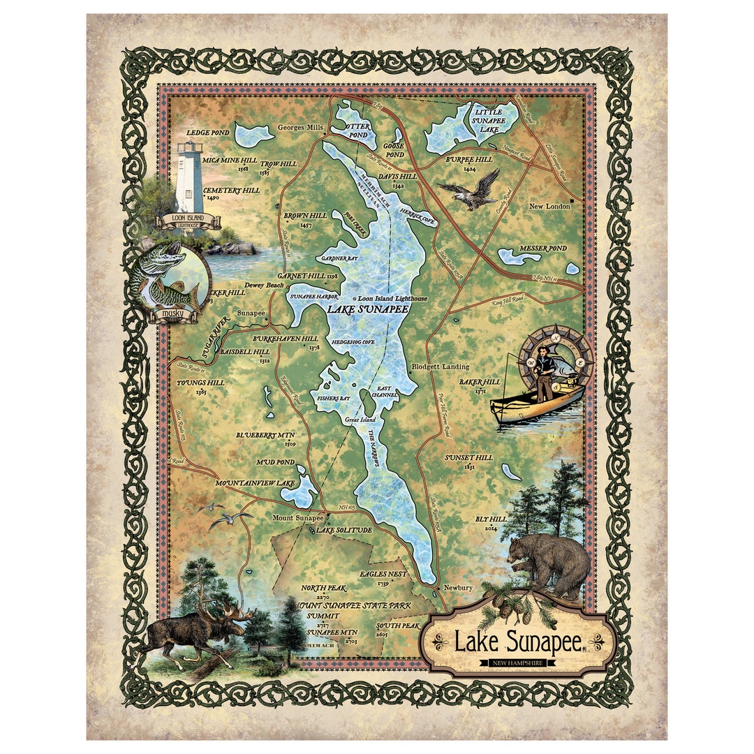 Lake Sunapee New Hampshire Historic Map Art Print Poster Artwork