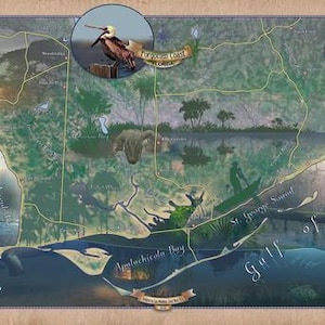 Puede incluir: Un mapa de estilo vintage de la Costa Olvidada de Florida, con un pelícano, un ciervo y un manatí. El mapa muestra la costa, los ríos y las bahías de la zona. El texto "Forgotten Coast" está escrito en una fuente decorativa.