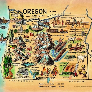 Kid&#39;s map of Oregon vintage historic antique map poster print Map of Oregon Children&#39;s map kid&#39;s gift old map antique map gift cartoon map