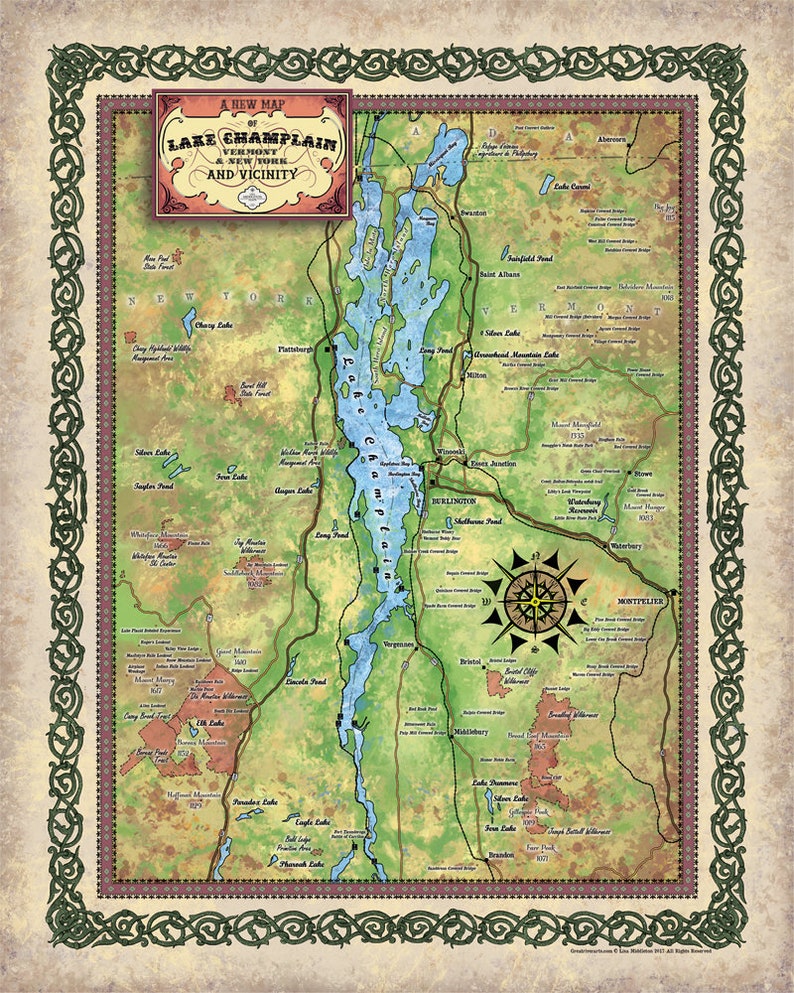 Lake Champlain Antique Map Art Blanket Throw Polar/Silky/Sherpa Fleece Vintage Artwork Blanket For Bed Sofa Couch Gift & Winter Travel image 1