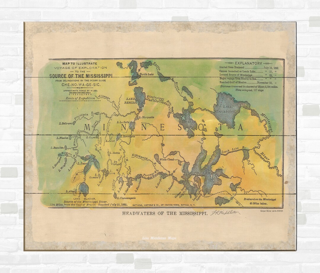 Minnesota Itaska Mississippi River Headwaters Lake Map Art Map Art on