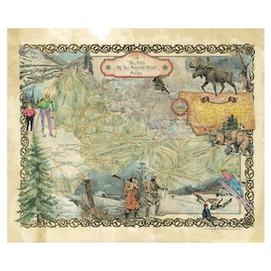 Big Sky Mountain, montana,  ski map, montana map, Resort maps, vintage ski map, ski poster, montana poster, skiing gift, skiing gift, ski