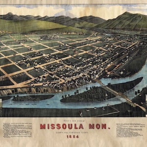 May include: An antique bird's-eye view map of Missoula, Montana, printed in 1884. The map shows the city's layout with streets, buildings, and the surrounding landscape. The map is in a vintage style with hand-drawn details and a faded color palette.