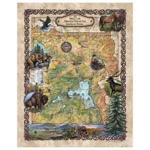 Może przedstawiać: Mapa w stylu vintage Parku Narodowego Yellowstone, Wyoming i Montana, z zaznaczonymi szlakami turystycznymi. Mapa zawiera ilustracje dzikich zwierząt, w tym niedźwiedzia, łosia, bizona i orła. Tekst "Hiking Trails Yellowstone National Park Wyoming and Montana" jest wydrukowany na g&oacute;rze mapy.