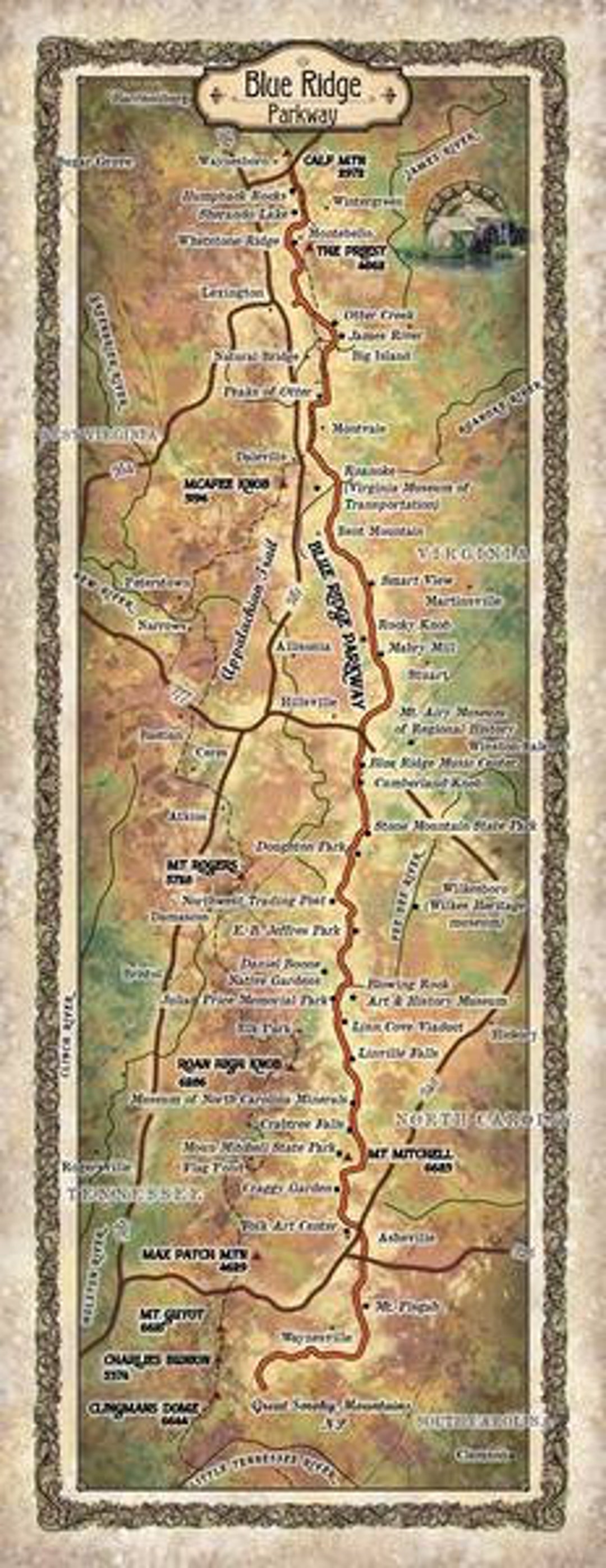 Blue Ridge Parkway Scenic Map, West Virginia Map, BRP, Map, Wall Art ...