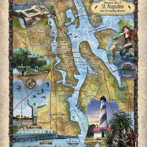 May include: A decorative map titled Historical Sites of St. Augustine and Surrounding Beaches, featuring illustrations of the St. Augustine Lighthouse, a mermaid, a turtle, and the Great Cross, all framed by a floral border on a parchment background.