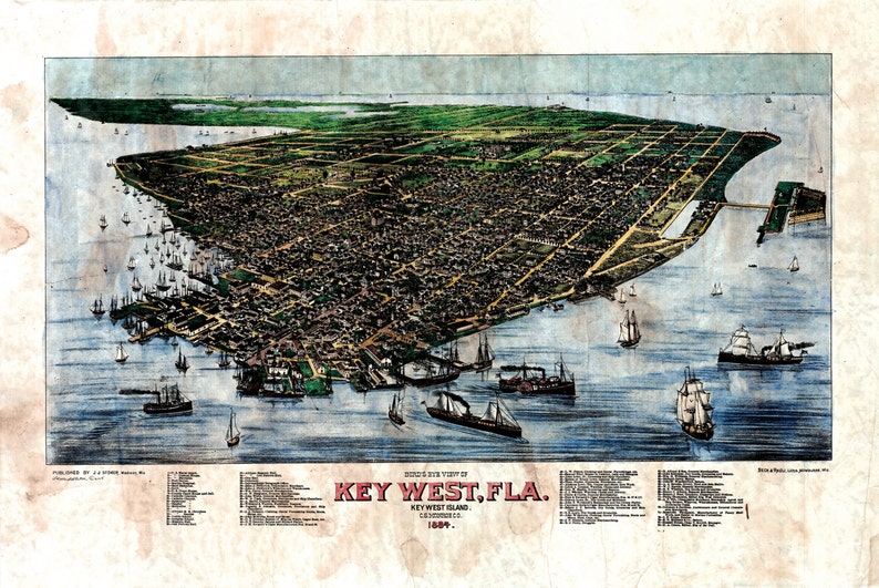 24x36 Bird/'s Eye View 1884 Key West Florida Vintage Style City Map