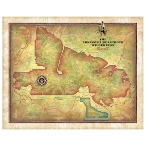 May include: A vintage-style map of the Absaroka Beartooth Wilderness in Montana. The map is illustrated with a hiker carrying a backpack and features a brown, green, and yellow color scheme. The map includes the names of mountains, rivers, and other landmarks.