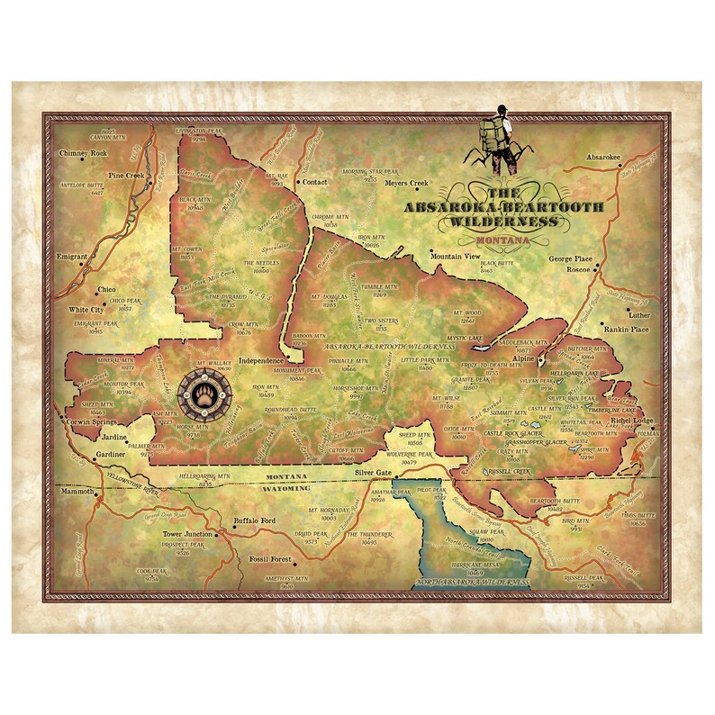 Asaroka and Beartooth Wilderness Montana Historic Map Art Print Poster Artwork Vintage Style Abstract Wall-Unframed Great Home Decor & Gift image 1