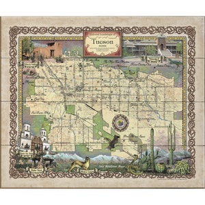 May include: A vintage-style map of Tucson, Arizona, with a brown wooden background and a decorative border. The map features various landmarks and points of interest, including the University of Arizona, the Tucson Country Club, and the Mission San Xavier del Bac. The map also includes illustrations of desert plants and animals, such as a coyote, a snake, and a saguaro cactus.