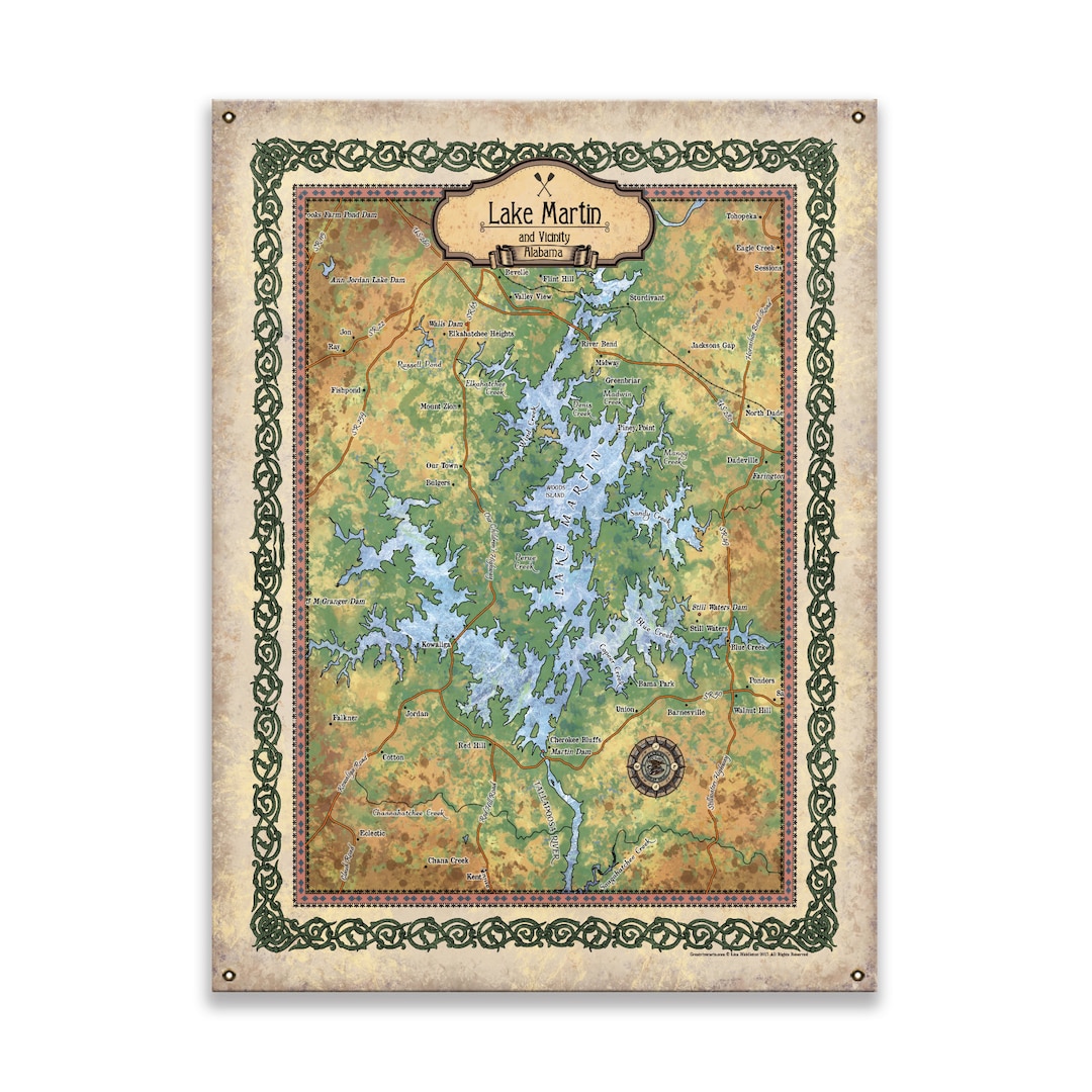 Lake Martin Alabama Lake Map Art on Wood or Metal